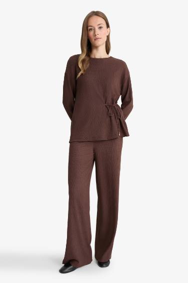 Regular Fit Bisiklet Yaka Bürümcük Uzun Kollu Tişört