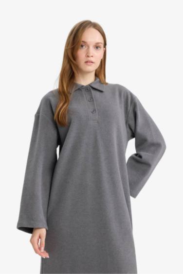 Regular Fit Polo Yaka Uzun Kollu Maxi Elbise