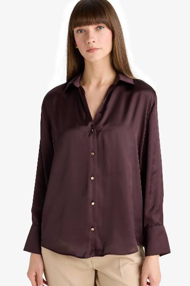 Regular Fit Shirt Collar Satin Long Sleeve Shirt