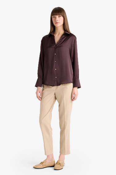 Regular Fit Shirt Collar Satin Long Sleeve Shirt