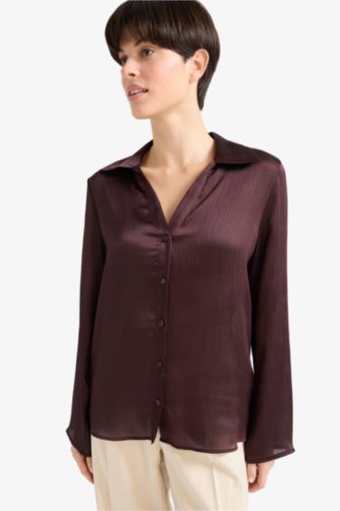 Regular Fit Shirt Collar Satin Long Sleeve Shirt