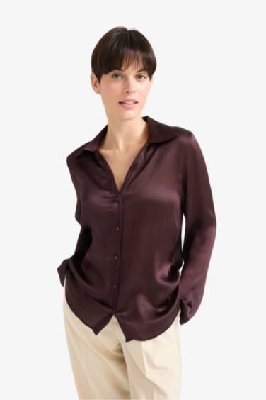 Regular Fit Shirt Collar Satin Long Sleeve Shirt