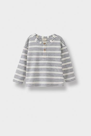 Baby Boy Crew Neck Striped Pique Long Sleeve T-Shirt