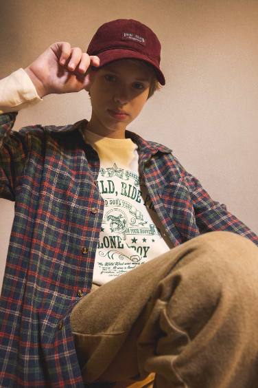 Boy Overshirt Fit Polo Neck Plaid Long Sleeve Shirt