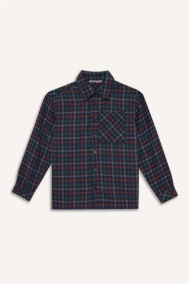 Boy Overshirt Fit Polo Neck Plaid Long Sleeve Shirt