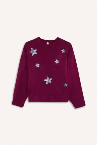 بلوز بناتي تريكو مزخرف قصة عادية بياخة مستديرة