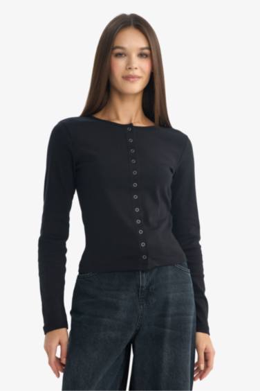 Fitted дөңгелек жағалы ұзын жеңді рибана футболка