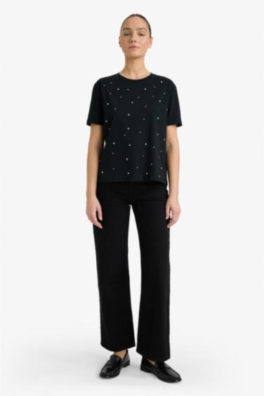 Regular Fit дөңгелек жағалы кестелі трикотаж қысқа жеңді футболка