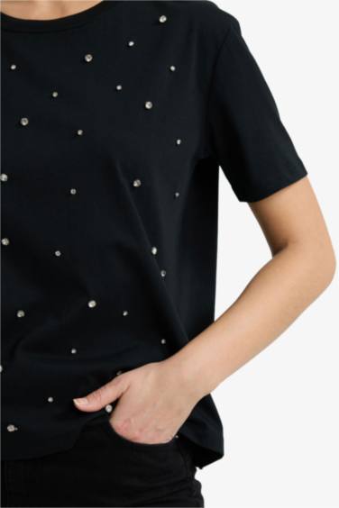 Regular Fit дөңгелек жағалы кестелі трикотаж қысқа жеңді футболка