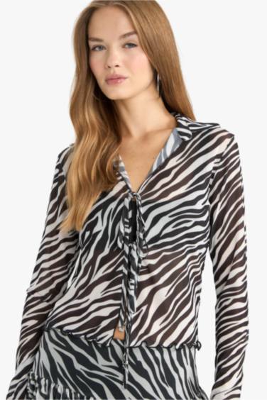 Fitted Polo Neck Zebra Print Tie Front Tulle Blouse