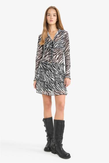 Fitted Polo Neck Zebra Print Tie Front Tulle Blouse