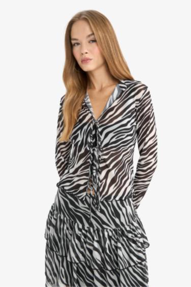 Fitted Polo Neck Zebra Print Tie Front Tulle Blouse