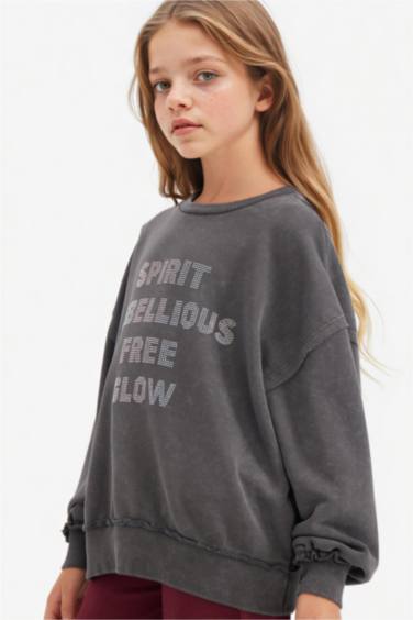 Oversize Geniş Kalıp Bisiklet Yaka Baskılı Sweatshirt Kız Çocuk