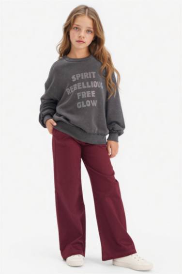 Oversize Geniş Kalıp Bisiklet Yaka Baskılı Sweatshirt Kız Çocuk