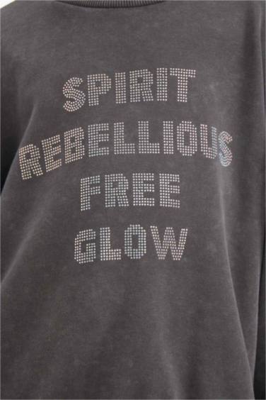 Oversize Geniş Kalıp Bisiklet Yaka Baskılı Sweatshirt Kız Çocuk