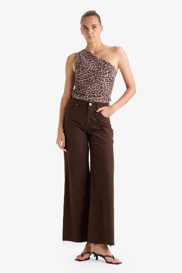 Slim Fit Dar Kesim Leopar Desenli Tek Omuzlu Tül Bluz