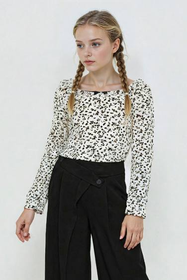 Girl Slim Fit Floral Crepe Long Sleeve T-Shirt