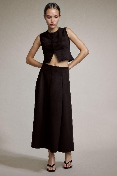 Süet Pileli Midi Etek