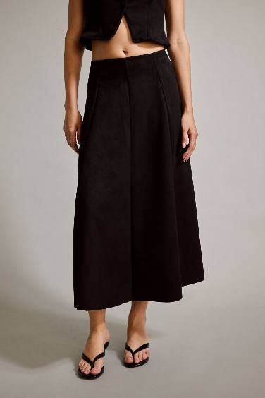 Süet Pileli Midi Etek
