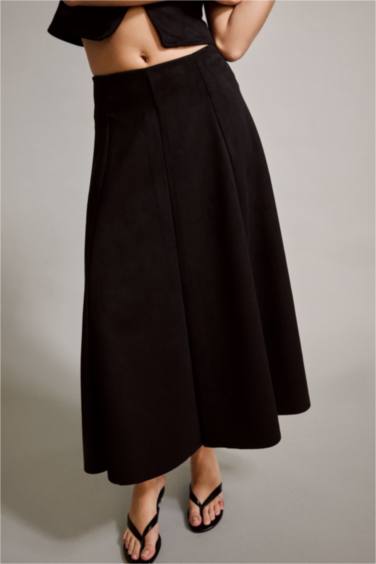 Süet Pileli Midi Etek