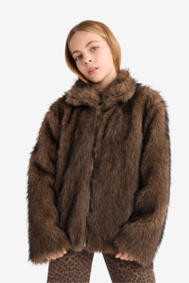 Kız Çocuk Dik Yaka Fermuarlı Suni Kürk Mont