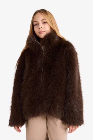 Kız Çocuk Dik Yaka Fermuarlı Suni Kürk Mont