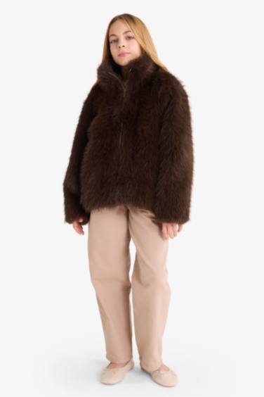 Kız Çocuk Dik Yaka Fermuarlı Suni Kürk Mont