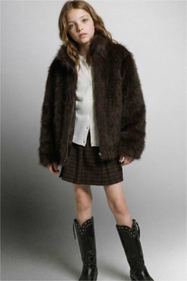 Kız Çocuk Dik Yaka Fermuarlı Suni Kürk Mont