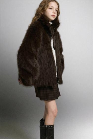 Kız Çocuk Dik Yaka Fermuarlı Suni Kürk Mont