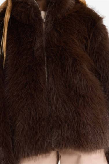 Kız Çocuk Dik Yaka Fermuarlı Suni Kürk Mont