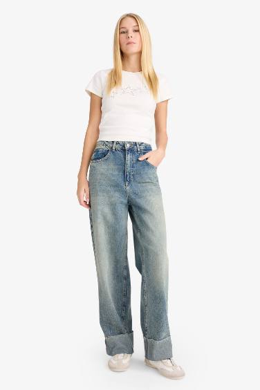 Fitted Star Patterned Ribbed Short Sleeve T-Shirt