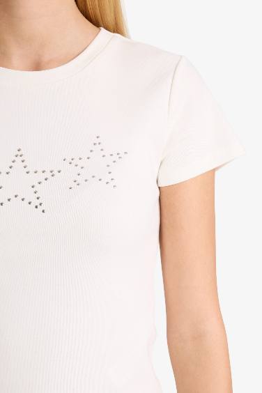 Fitted Star Patterned Ribbed Short Sleeve T-Shirt