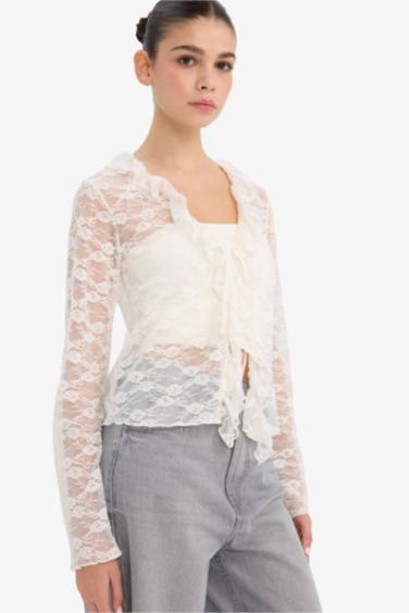 Fitted V-Neck Lace Long Sleeve Blouse