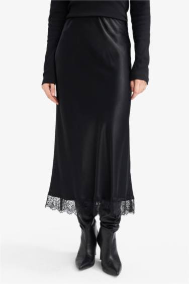 A Cut Satin Normal Waist Midi Skirt