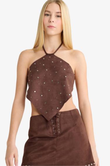 Fitted Halter Neck Suede Blouse