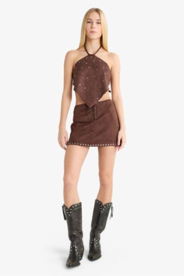 Fitted Halter Neck Suede Blouse