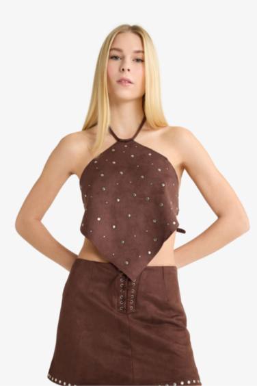 Fitted Halter Neck Suede Blouse