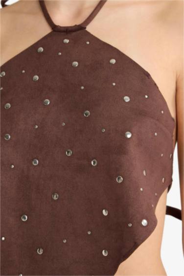 Fitted Halter Neck Suede Blouse