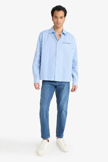 Boxy Fit Printed Striped Woven Long Sleeve Shirt