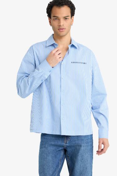 Boxy Fit Printed Striped Woven Long Sleeve Shirt