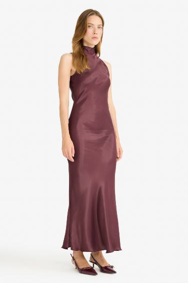 Regular Fit Saten Kolsuz Maxi Elbise