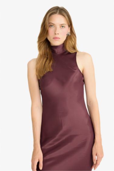 Regular Fit Saten Kolsuz Maxi Elbise