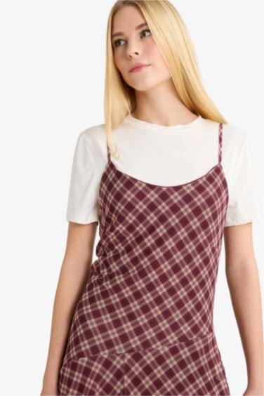 Coool V Yaka Kareli Tül Askılı Midi Elbise