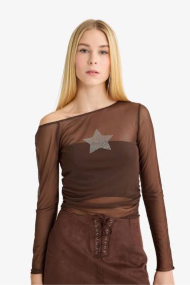 Fitted Crew Neck One Shoulder Tulle T-Shirt