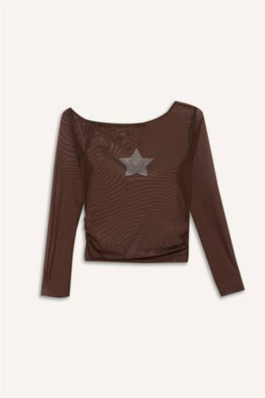 Fitted Crew Neck One Shoulder Tulle T-Shirt