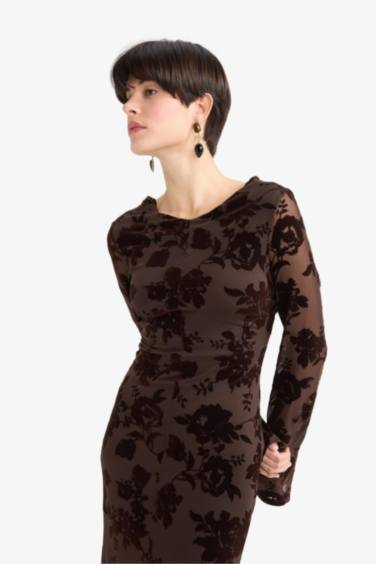 Skinny Fit Çiçek Desenli Tül Uzun Kollu Maxi Elbise