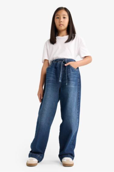 Kız Çocuk Wide Baggy Fit Beli Lastikli Jean Pantolon