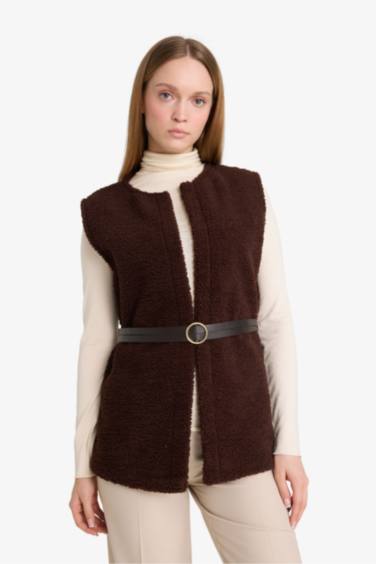 Regular Fit Bisiklet Yaka İçi Yumuşak Tüylü Pelüş Kemerli Yelek