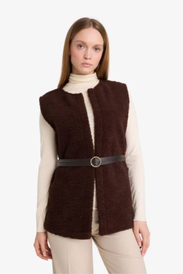 Regular Fit Bisiklet Yaka İçi Yumuşak Tüylü Pelüş Kemerli Yelek