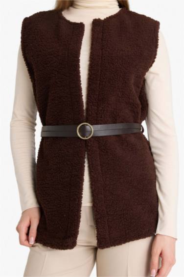 Regular Fit Bisiklet Yaka İçi Yumuşak Tüylü Pelüş Kemerli Yelek